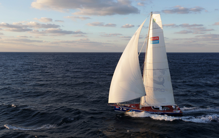 VELUX 5 OCEANS Skipper Zbigniew 'Gutek' Gutkowski onboard his yacht, Operon Racing, as he departs La Rochelle for the first of 5 Ocean Sprints in the VELUX 5 OCEANS around the world race.
